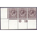 GREAT BRITAIN STAMPS : 1912 9d Agate O19 mounted mint control strip of three (perf)