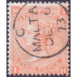 GREAT BRITAIN USED ABROAD : 1865 4d Vermilion (IH) plate 13, very fine used ,