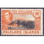 FALKLANDS STAMPS : 1949 10/- Black and Red Orange (greyish paper) fine used SG 166b Cat £450