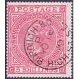 GREAT BRITAIN STAMPS : 1867 5/- Rose plate 1, very fine used example with Steel CDS,