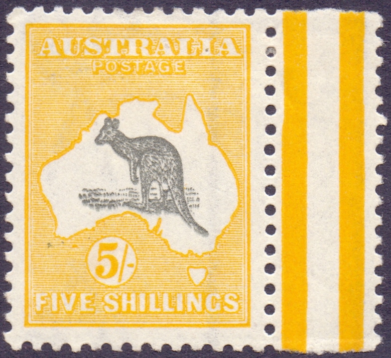 AUSTRALIA STAMPS : 1915 5/- Grey and Deep Yellow, mounted mint with margin attached,