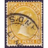 FALKLANDS STAMPS : 1891 6d orange yellow fine used SG 33 Cat £225