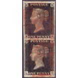 GREAT BRITAIN STAMPS : PENNY BLACK Plate 5 superb vertical pair (KD-LD) cancelled by Red MX's,