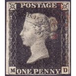 GREAT BRITAIN STAMPS : PENNY BLACK Plate 7 (MD) four margin example, close at lower right,