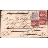 GREAT BRITAIN STAMPS : 1858 envelope franked with three 1d reds & a 6d lilac,