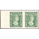 STAMPS : CANADA 1935 Silver Jubilee 1c Green Plate Proof, horizontal pair mounted on card.