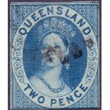 STAMPS : AUSTRALIA Queensland 1860 2d blue used, close margins,