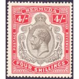 STAMPS : BERMUDA 1918 4/- Black and Carmine, "damaged leaf at bottom right",