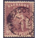 STAMPS : BARBADOS 1873 3d Brown Purple cancelled by CDS SG 63