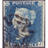 GREAT BRITAIN STAMPS : 1840 TWO PENNY BLUE Plate 1 four margin example (JJ) cancelled by Manchester