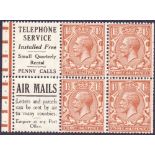 GREAT BRITAIN STAMPS : 1924 1 1/2d red brown unmounted mint advertising booklet pane "Telephone