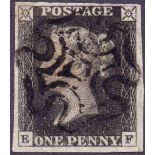 GREAT BRITIAN STAMPS : PENNY BLACK Plate 2 lettered (EF) four large margins cancelled by a central