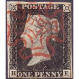 GREAT BRITAIN STAMPS : PENNY BLACK Plate 4 (HE) four margins good to close, cancelled by red MX,