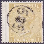 GREAT BRITAIN STAMPS : 1867 9d Pale Straw plate 4 (LI) very fine used cancelled by 589 Telegraph