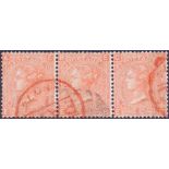 GREAT BRITAIN STAMPS : 1865 4d Dull Vermilion plate 13 , very fine used strip of 3,