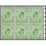 GREAT BRITAIN STAMPS : 1912 1/2d green lightly mounted mint booklet pane of 6,