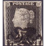 GREAT BRITAIN STAMPS : PENNY BLACK Unplated four margin example lettered (CH),