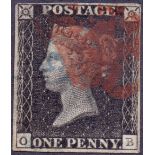 GREAT BRITAIN STAMPS : PENNY BLACK Un-plated four margin example cancelled by Red MX and what