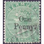 STAMPS : BERMUDA 1875 1/- green over printed one penny, fine used,