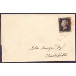 GREAT BRITAIN STAMPS : Plate 4 Penny Black (AG) to Chesterfield on part wrapper, four full margins,