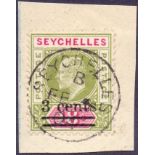 STAMPS : SEYCHELLES 1903 3c on 18c Sage Green and Carmine "DENTED FRAME".