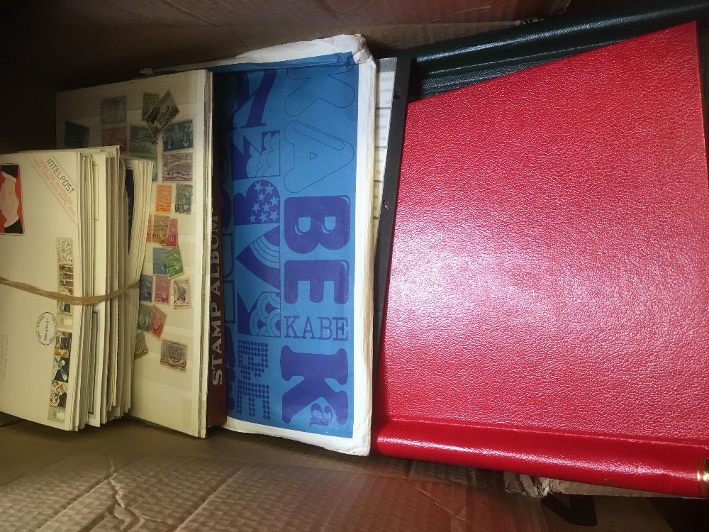 STAMPS WORLD, accumulation in box inc albums, empty binders, old catalogues, FDCs,