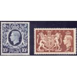 GREAT BRITIAN STAMPS : 1939 10/- dark blue and 1951 £1 brown, both lightly M/M, SG 478 & 512.