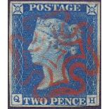 GREAT BRITAIN STAMPS : 1840 TWO PENNY BLUE Plate 1 (QH) very fine four margin example,