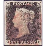 GREAT BRITAIN STAMPS : PENNY BLACK Plate 2 (OF) fine four margin example cancelled by a smudged