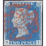 GREAT BRITAIN STAMPS : 1840 TWO PENNY BLUE Plate 1 (SI) fine four margin, cancelled by red MX.