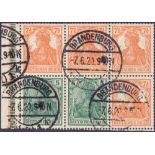 STAMPS : GERMANY BOOKLET PANE, 1919 Germania used booklet pane, 4x 7 1/2pf & 2x 5pf stamps,