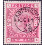 GREAT BRITAIN STAMPS : 1883 5/- Rose. Superb used example cancelled by East Sheen CDS.