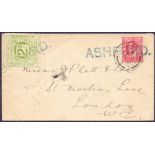 POSTAL HISTORY : RAILWAY : 1906 1d Edward VII tied by "ASHFORD" (Middlesex) also 2d L&SW Railway