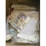 STAMPS WORLD, box with modern French postcards, Channel Island covers, stamps on & off paper,