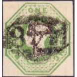 GREAT BRITAIN STAMPS : 1847 1/- Green embossed, very fine 4 margin example.