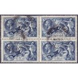 GREAT BRITAIN STAMPS : 1934 10/- Seahorse fine used block of four.