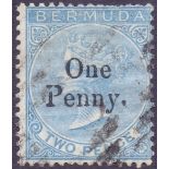 STAMPS : BERMUDA 1875 1d on 2d blue, fine used SG 15 with 1950 BPA Cert.
