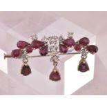 Matching Ruby and Diamond Cluster Brooch with Three Drop Diamond Surmounted Rubies Set on 18 Carat