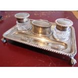 Asprey of London Antique Solid Silver Desk Rest with Silver Mounted Twin Cut Crystal Ink Wells and