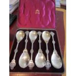 Set of Six Victorian Large Mappin and Webb Decorated Solid Silver Heavy Spoons in Original