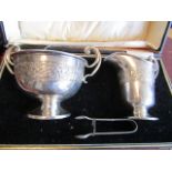 Irish Solid Silver Chalice Form Bowl with Jug and Sugar Nips Antique Decorated with Celtic Revival