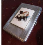 Antique Solid Silver Cigarette Case of Good Size with Enamel Work Decorated Center Panel Depicting a