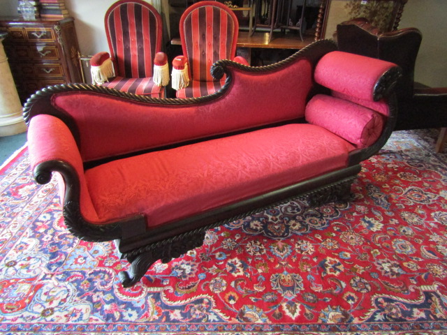 Irish William IV Mahogany Carved Open Form Settee Upholstered in Burgundy Silk Damask with Open Ends