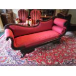 Irish William IV Mahogany Carved Open Form Settee Upholstered in Burgundy Silk Damask with Open Ends
