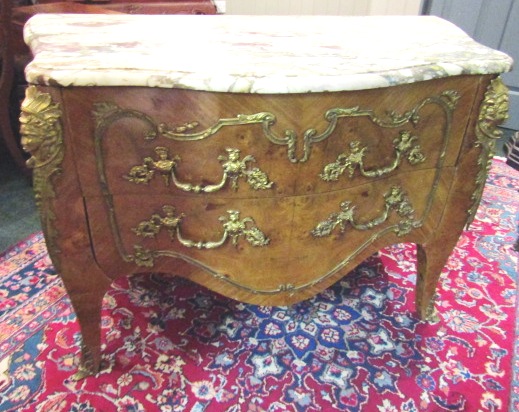 Antique French Marble Top Bombe Serpentine Chest with Inlays, Veneers, Parquetry and Crossbandings