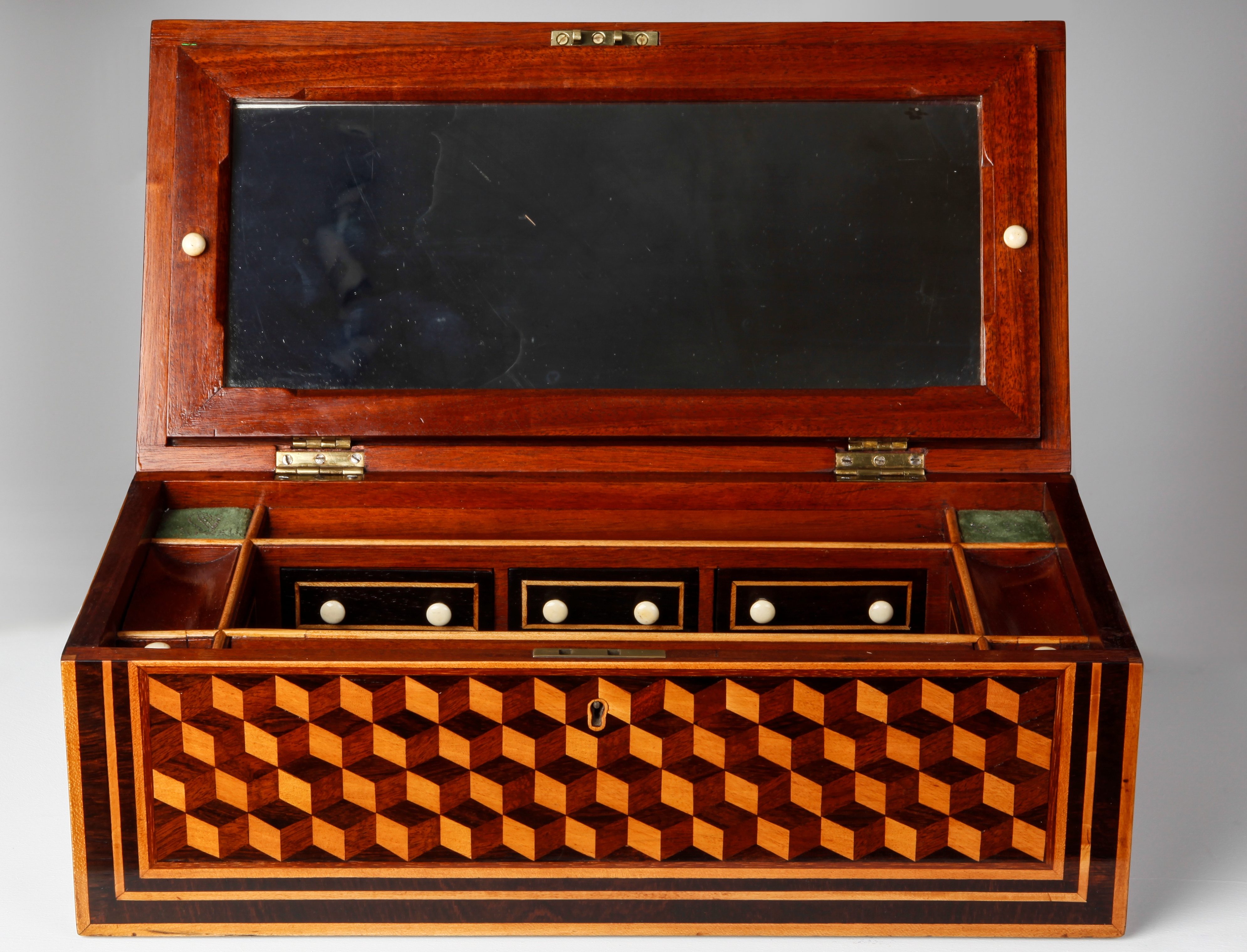 Mid Nineteenth Century Finely Worked Marquetry Decorated Mahogany and Satinwood Fitted Box with