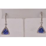 Pair of Antique 18 Carat Gold Set Tanzanite and Diamond Earrings of Triangular Art Deco Form