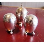 Victorian Solid Trio Set of Solid Silver Mustard, Salt and Pepper Rests of Unusually Early Modernist