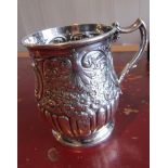 Antique Solid Silver Christening Mug with Repoussage Worked Rococo Motif Decorations and Shaped