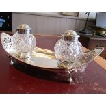 Georgian Solid Silver Mounted Boat Form Double Cut Crystal Silver Mounted Inkwell Desk Rest of